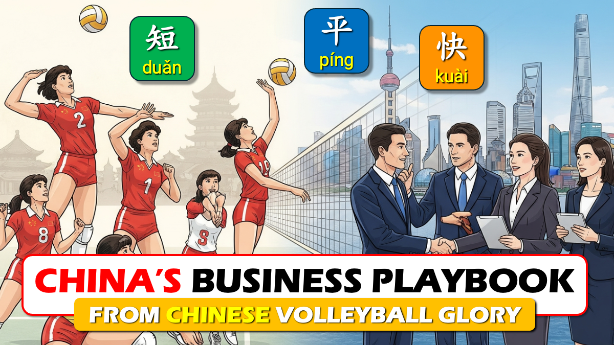 Illustration of China’s women’s volleyball team executing plays alongside Chinese business professionals, highlighting the concept of 短、平、快 (short, flat, fast) as China’s business playbook.