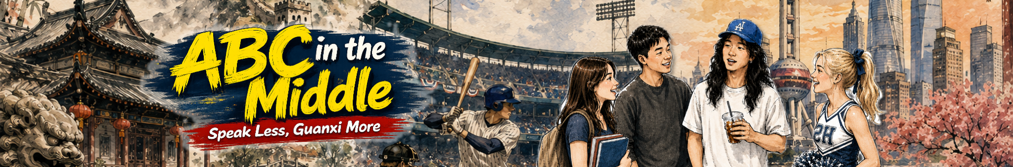 Illustration featuring diverse group of four young people chatting in a lively urban setting with a baseball stadium and city skyline in the background. The text 'ABC in the Middle' is prominently displayed.