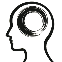 Silhouette of a human head with a swirling brain graphic inside.